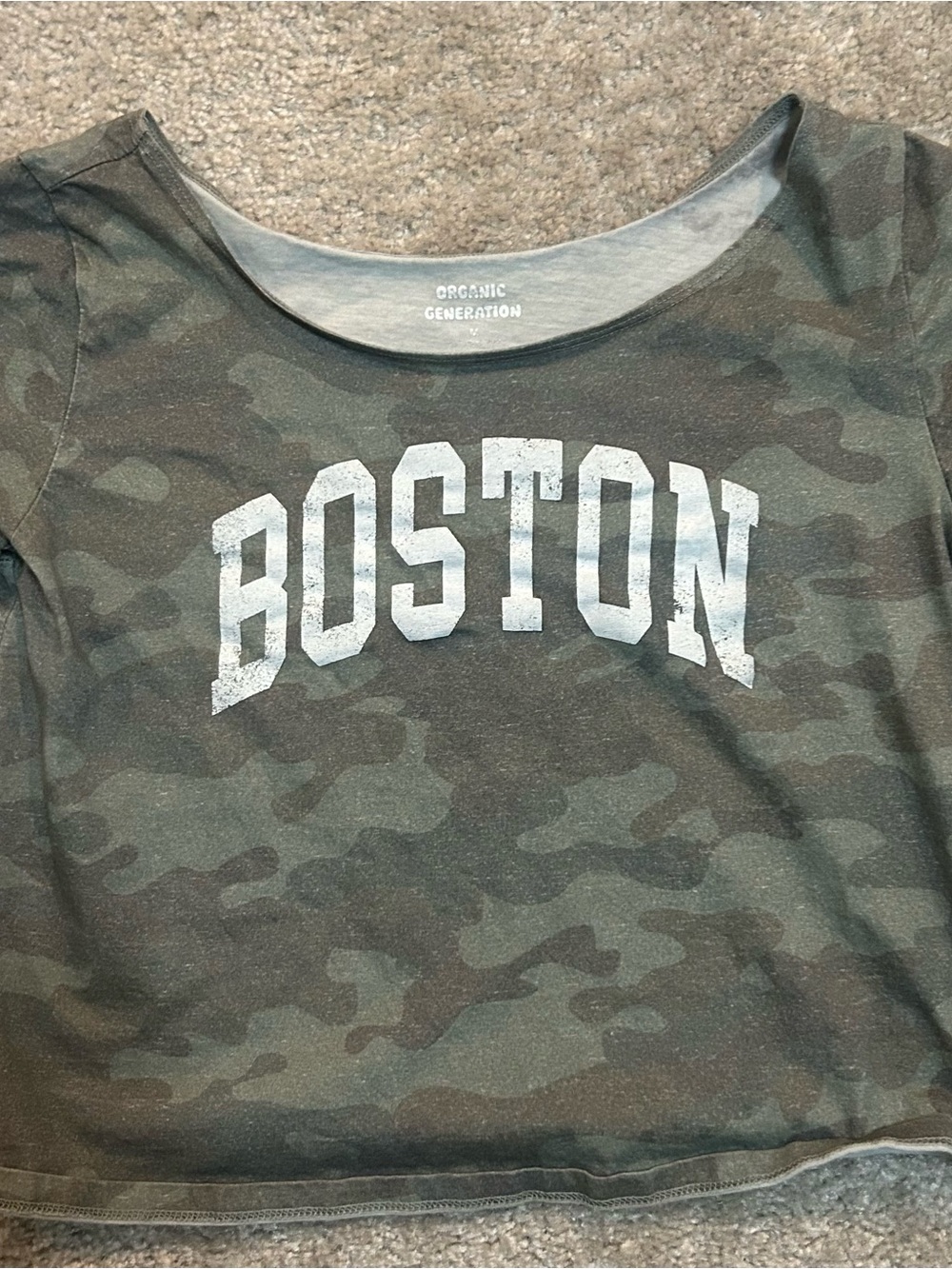 Organic Generation Women’s Green Camo Crop Top - Boston Print